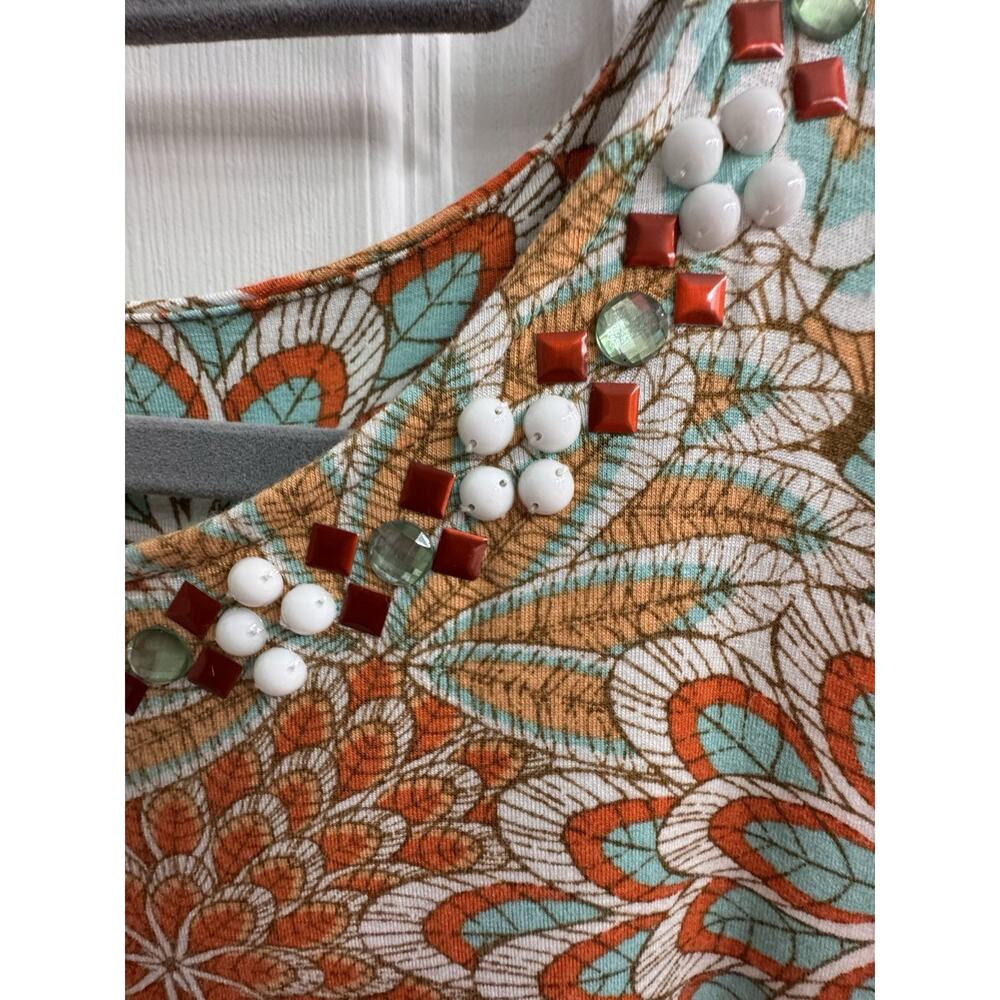 Ruby Rd XL Pullover Top Beaded Neckline Coral Teal Short Sleeve Stretch - Picture 3 of 13